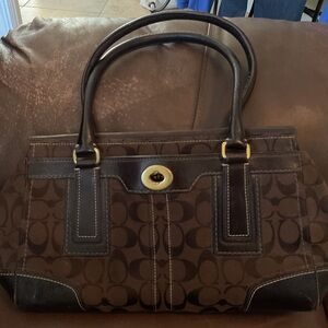 Coach Brown Signature Canvas Shoulder Tote with Dark Brown Leather